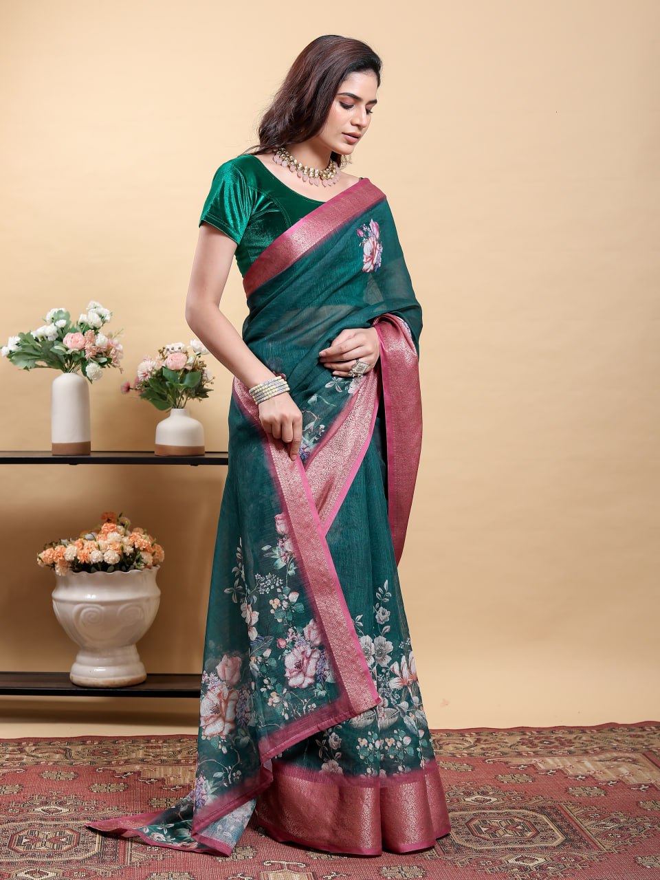 Stunning Teal Jacquard Linen Cotton Saree with Large Floral Digital Print & Contrast Pink-Maroon Zari Border | Designer Festive Collection