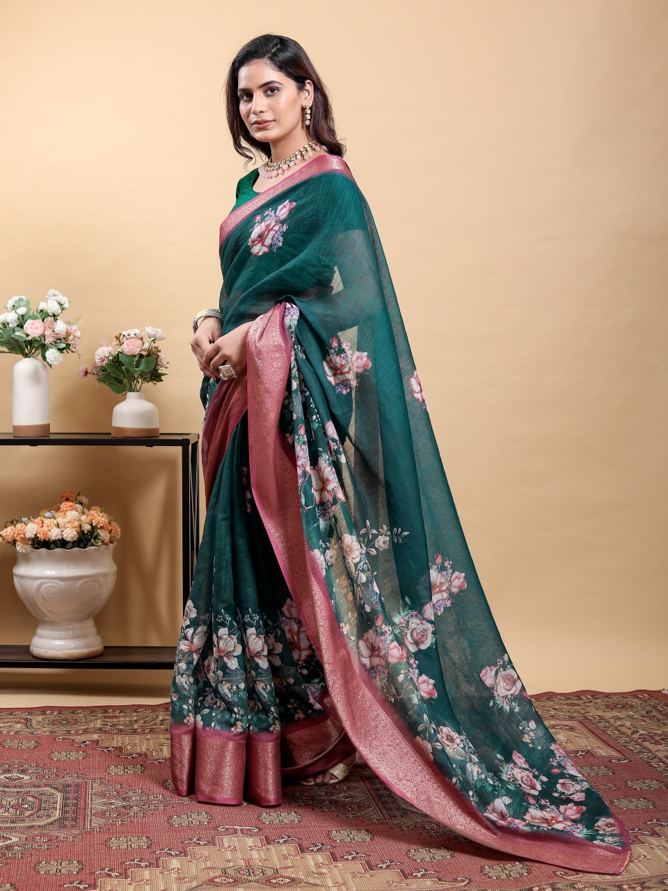 Stunning Teal Jacquard Linen Cotton Saree with Large Floral Digital Print & Contrast Pink-Maroon Zari Border | Designer Festive Collection
