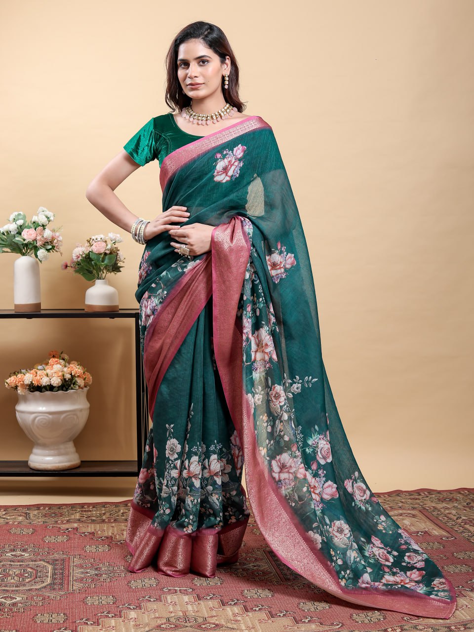 Stunning Teal Jacquard Linen Cotton Saree with Large Floral Digital Print & Contrast Pink-Maroon Zari Border | Designer Festive Collection