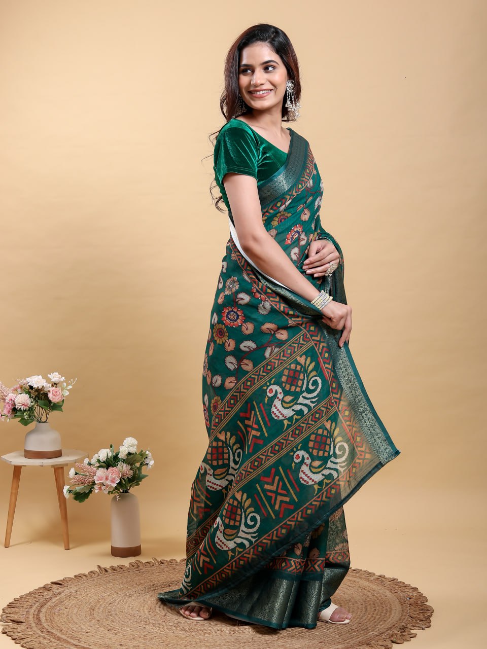 Elegant Forest Green Jacquard Linen Cotton Saree with Patola-Inspired Digital Print & Tone-on-Tone Zari Border | Premium Ethnic Collection