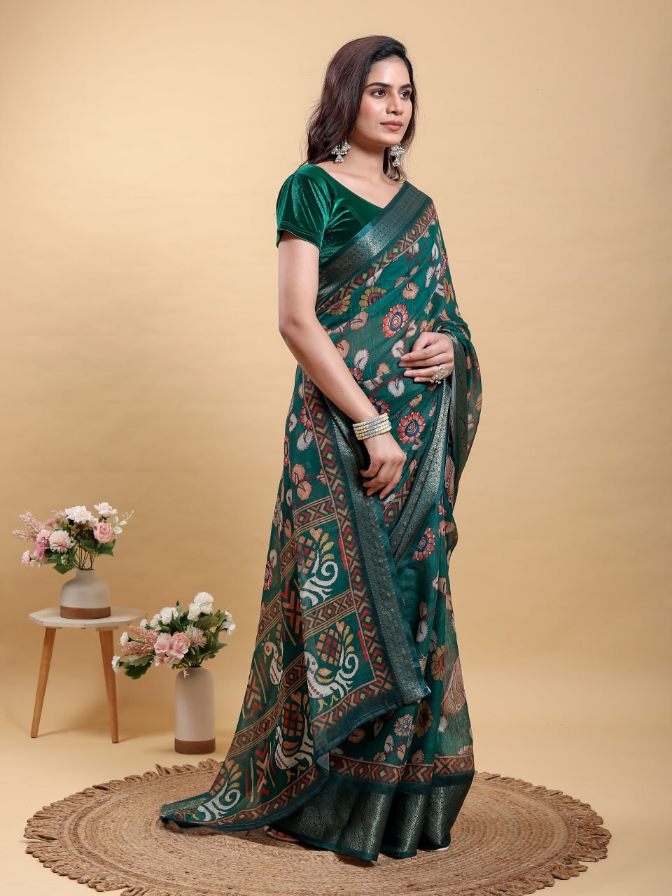 Elegant Forest Green Jacquard Linen Cotton Saree with Patola-Inspired Digital Print & Tone-on-Tone Zari Border | Premium Ethnic Collection