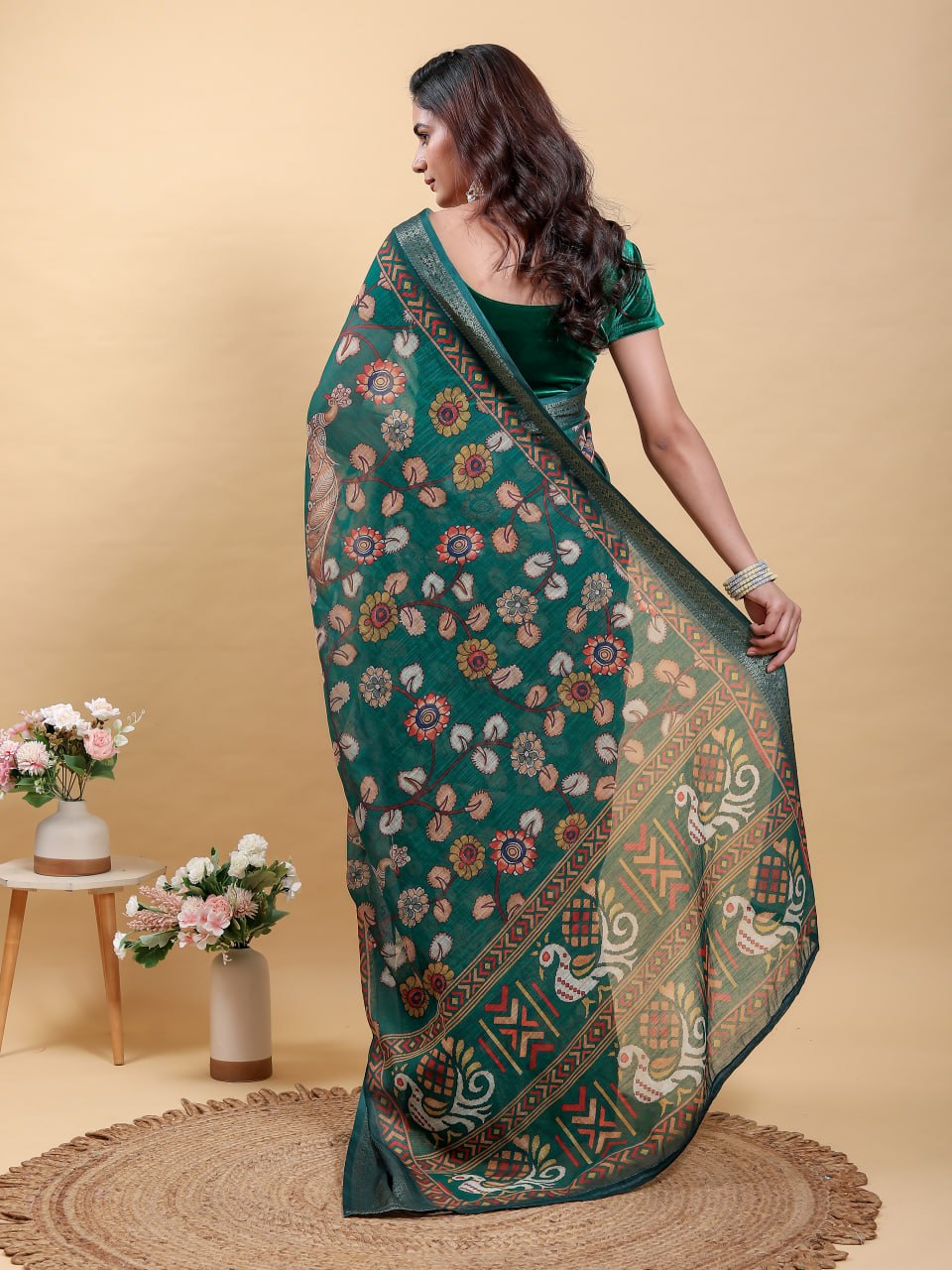 Elegant Forest Green Jacquard Linen Cotton Saree with Patola-Inspired Digital Print & Tone-on-Tone Zari Border | Premium Ethnic Collection