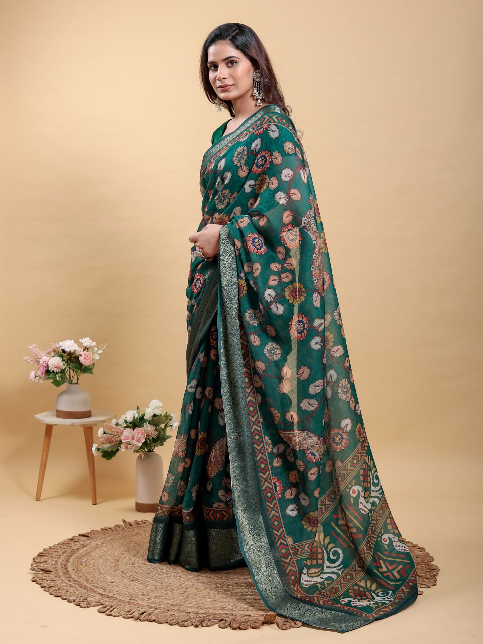 Elegant Forest Green Jacquard Linen Cotton Saree with Patola-Inspired Digital Print & Tone-on-Tone Zari Border | Premium Ethnic Collection