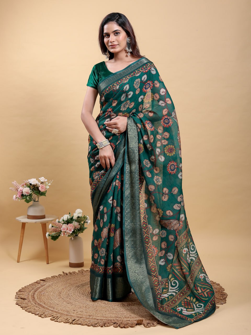 Elegant Forest Green Jacquard Linen Cotton Saree with Patola-Inspired Digital Print & Tone-on-Tone Zari Border | Premium Ethnic Collection