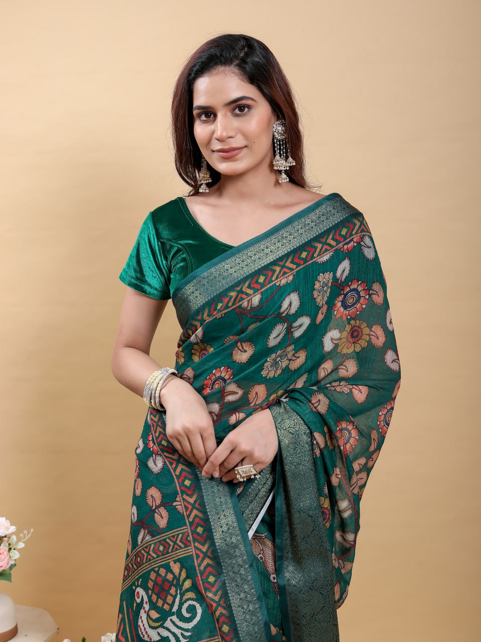 Elegant Forest Green Jacquard Linen Cotton Saree with Patola-Inspired Digital Print & Tone-on-Tone Zari Border | Premium Ethnic Collection