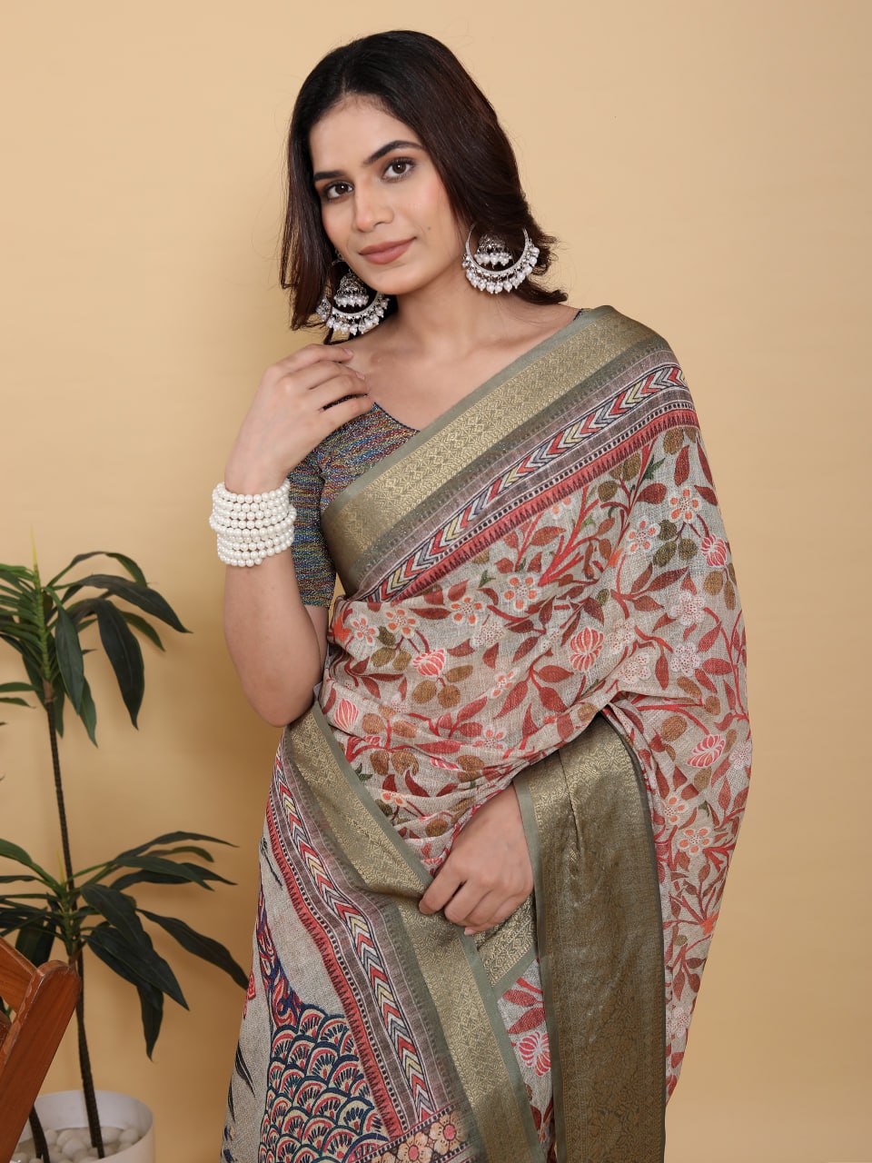 Elegant Beige Kalamkari Digital Print Saree with Elephant Motif & Olive Green Zari Border | Premium Jacquard Linen Cotton Saree for Festive & Cultural Events