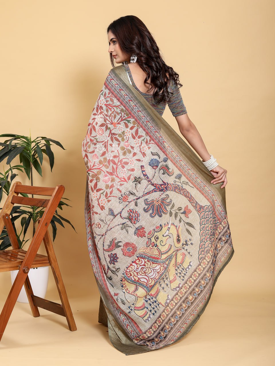 Elegant Beige Kalamkari Digital Print Saree with Elephant Motif & Olive Green Zari Border | Premium Jacquard Linen Cotton Saree for Festive & Cultural Events