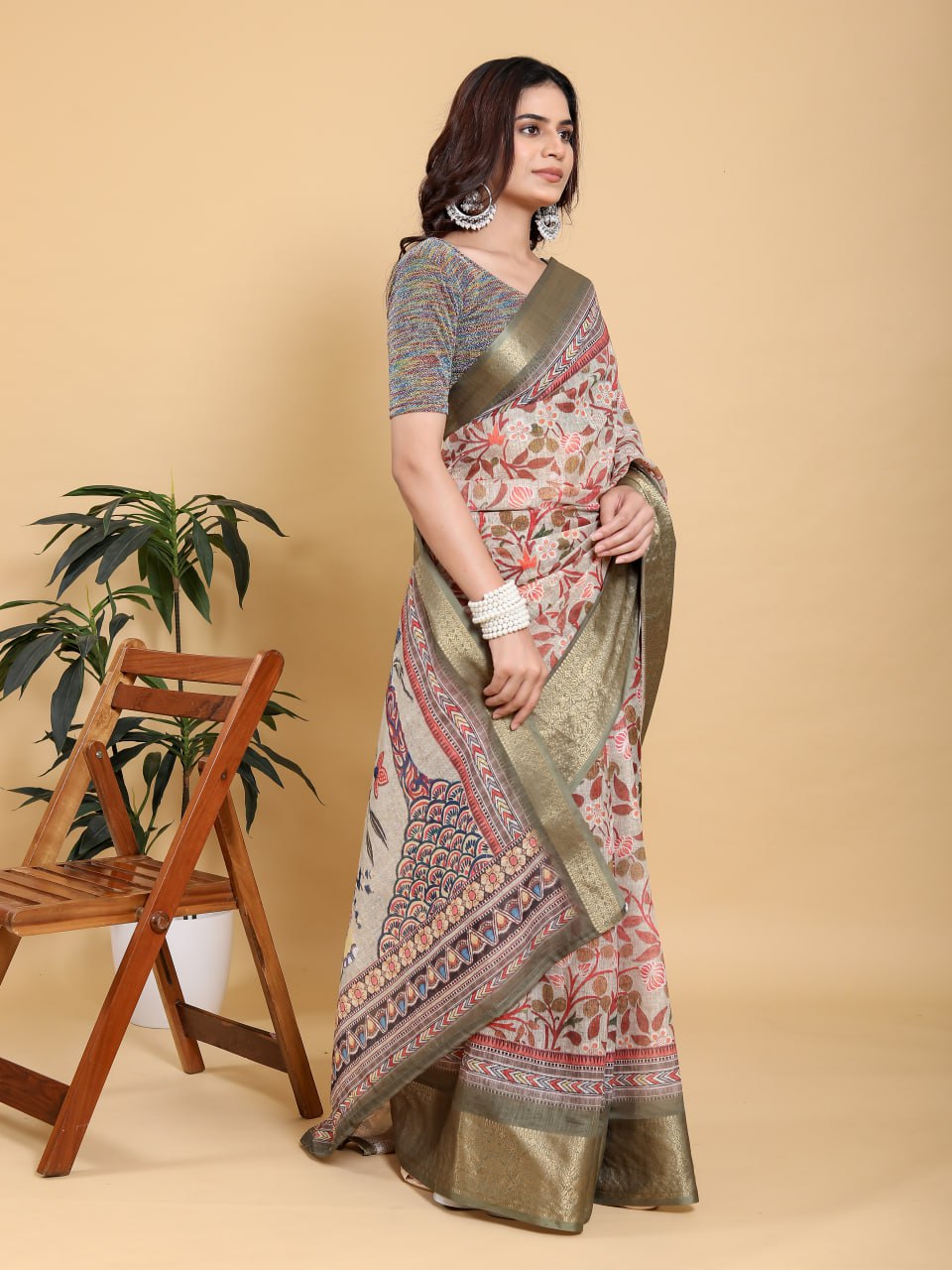 Elegant Beige Kalamkari Digital Print Saree with Elephant Motif & Olive Green Zari Border | Premium Jacquard Linen Cotton Saree for Festive & Cultural Events