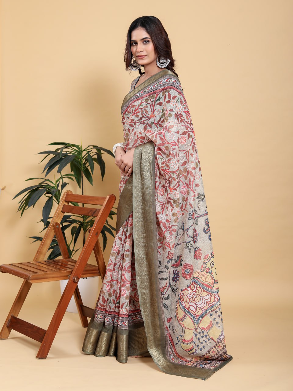Elegant Beige Kalamkari Digital Print Saree with Elephant Motif & Olive Green Zari Border | Premium Jacquard Linen Cotton Saree for Festive & Cultural Events