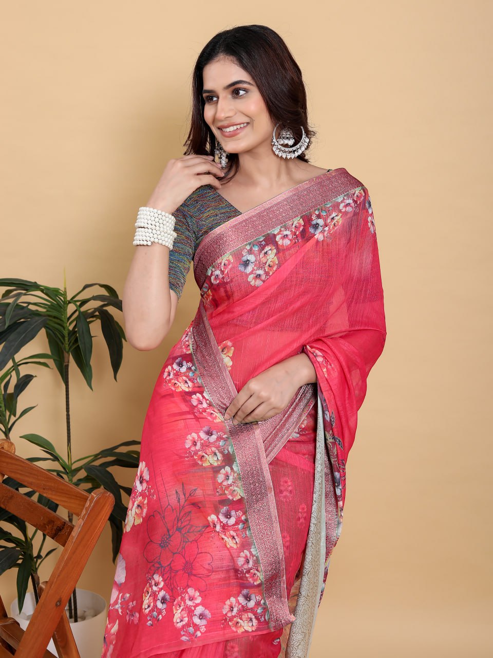 Vibrant Rani Pink Floral Digital Print Saree with Contrast Sea Green Zari Border | Festive Linen Cotton Saree