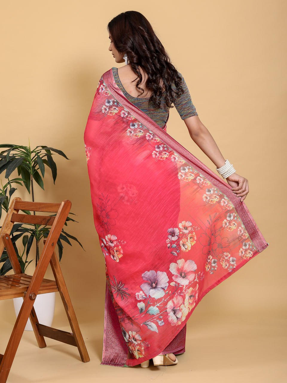 Vibrant Rani Pink Floral Digital Print Saree with Contrast Sea Green Zari Border | Festive Linen Cotton Saree