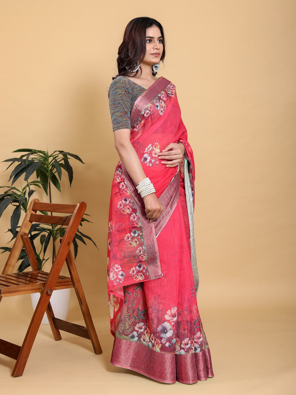 Vibrant Rani Pink Floral Digital Print Saree with Contrast Sea Green Zari Border | Festive Linen Cotton Saree