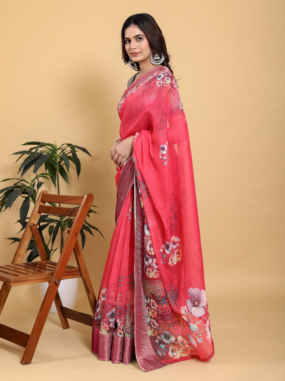 Vibrant Rani Pink Floral Digital Print Saree with Contrast Sea Green Zari Border | Festive Linen Cotton Saree