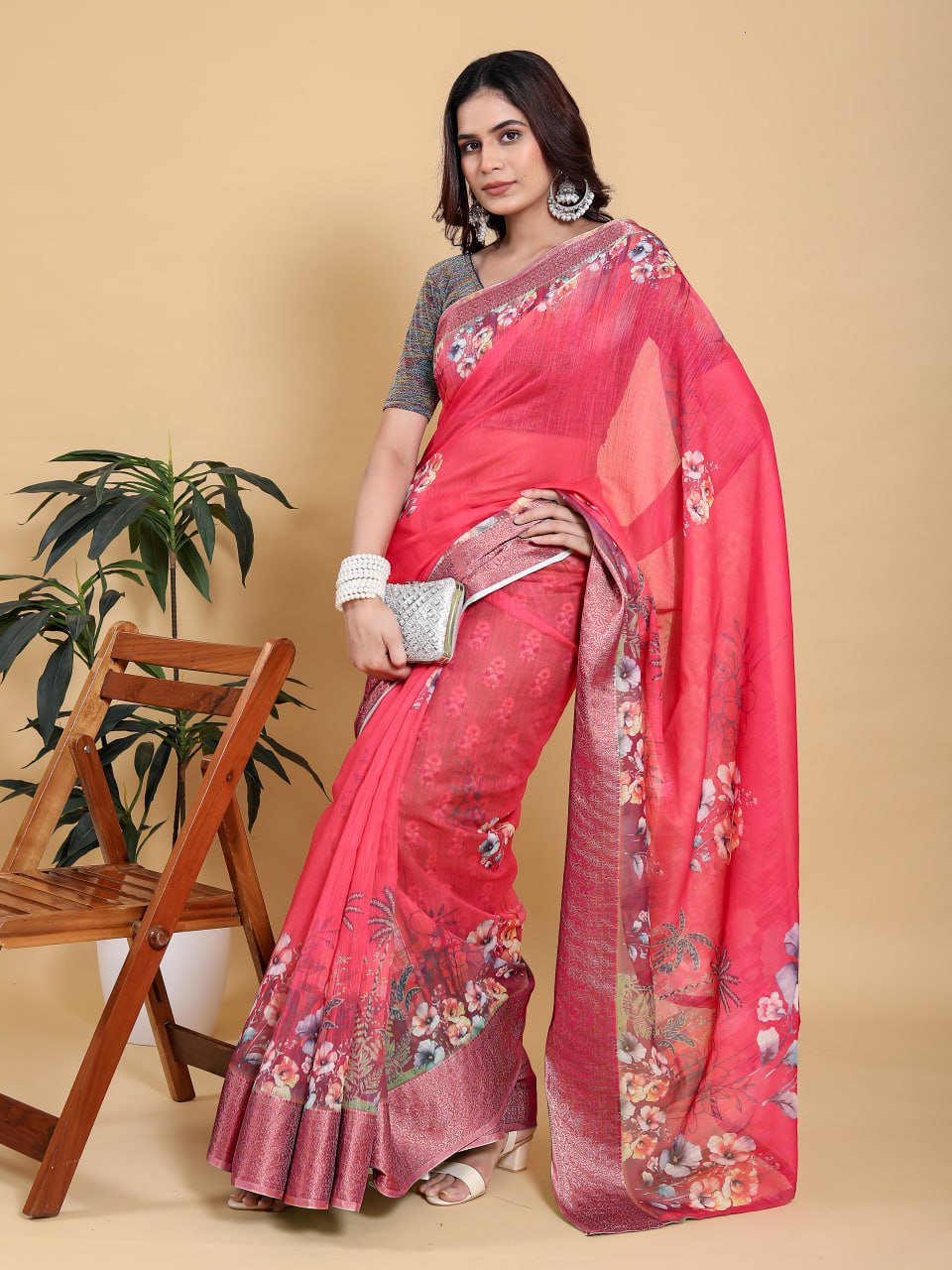 Vibrant Rani Pink Floral Digital Print Saree with Contrast Sea Green Zari Border | Festive Linen Cotton Saree