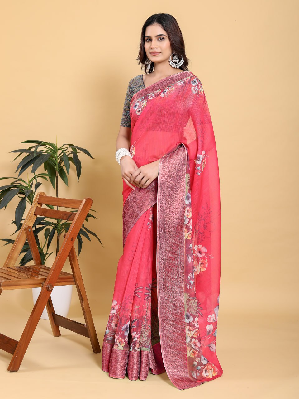 Vibrant Rani Pink Floral Digital Print Saree with Contrast Sea Green Zari Border | Festive Linen Cotton Saree