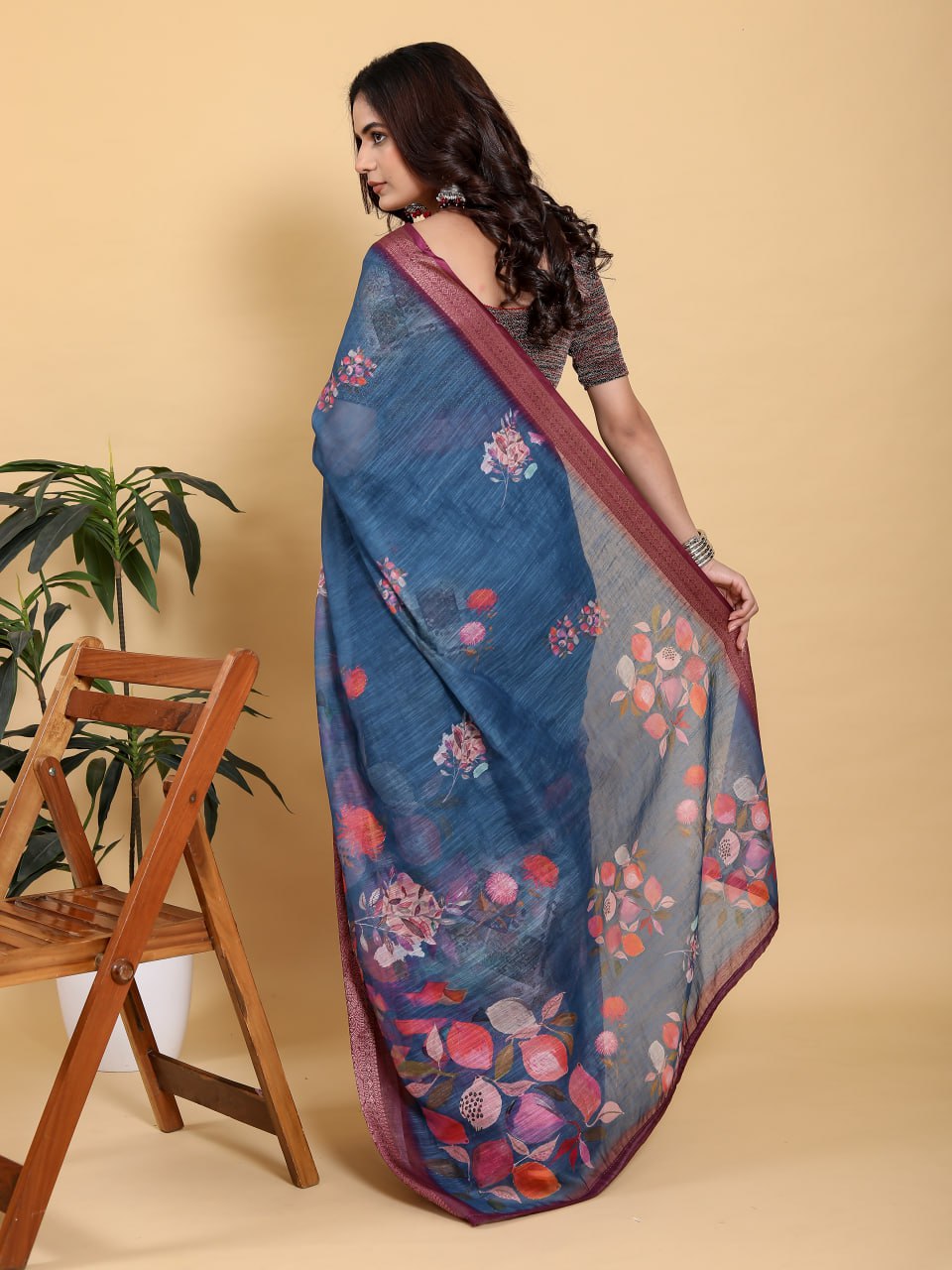 Teal Blue Floral Digital Print Saree with Rich Maroon Zari Border | Premium Linen Cotton Saree