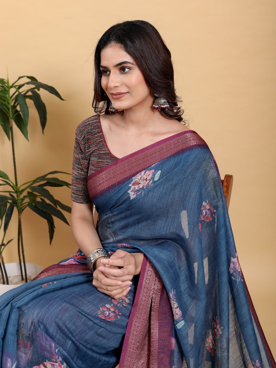 Teal Blue Floral Digital Print Saree with Rich Maroon Zari Border | Premium Linen Cotton Saree