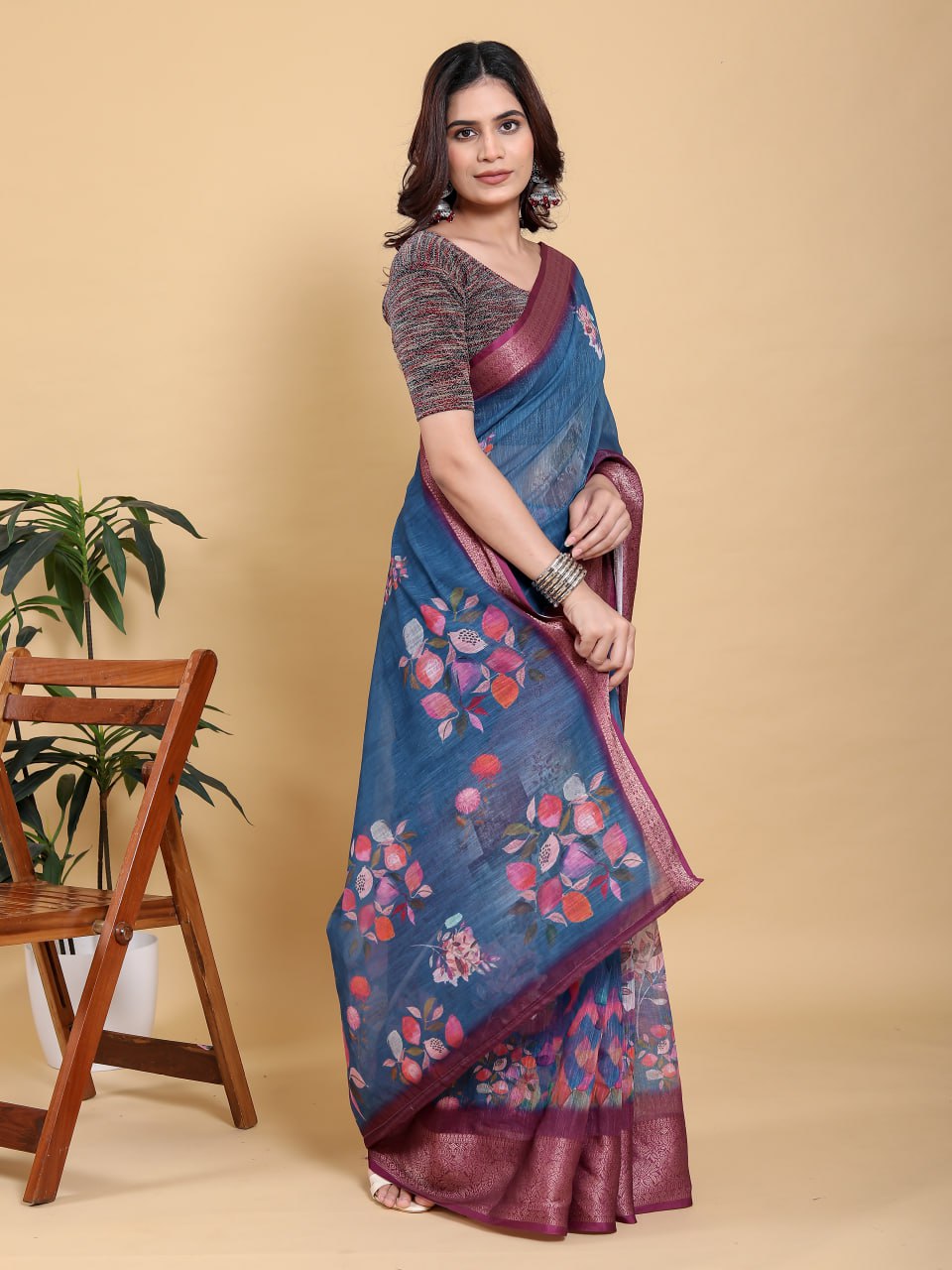 Teal Blue Floral Digital Print Saree with Rich Maroon Zari Border | Premium Linen Cotton Saree
