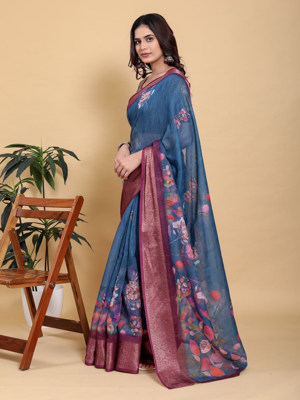 Teal Blue Floral Digital Print Saree with Rich Maroon Zari Border | Premium Linen Cotton Saree