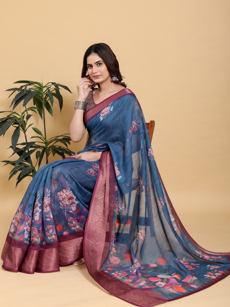 Teal Blue Floral Digital Print Saree with Rich Maroon Zari Border | Premium Linen Cotton Saree