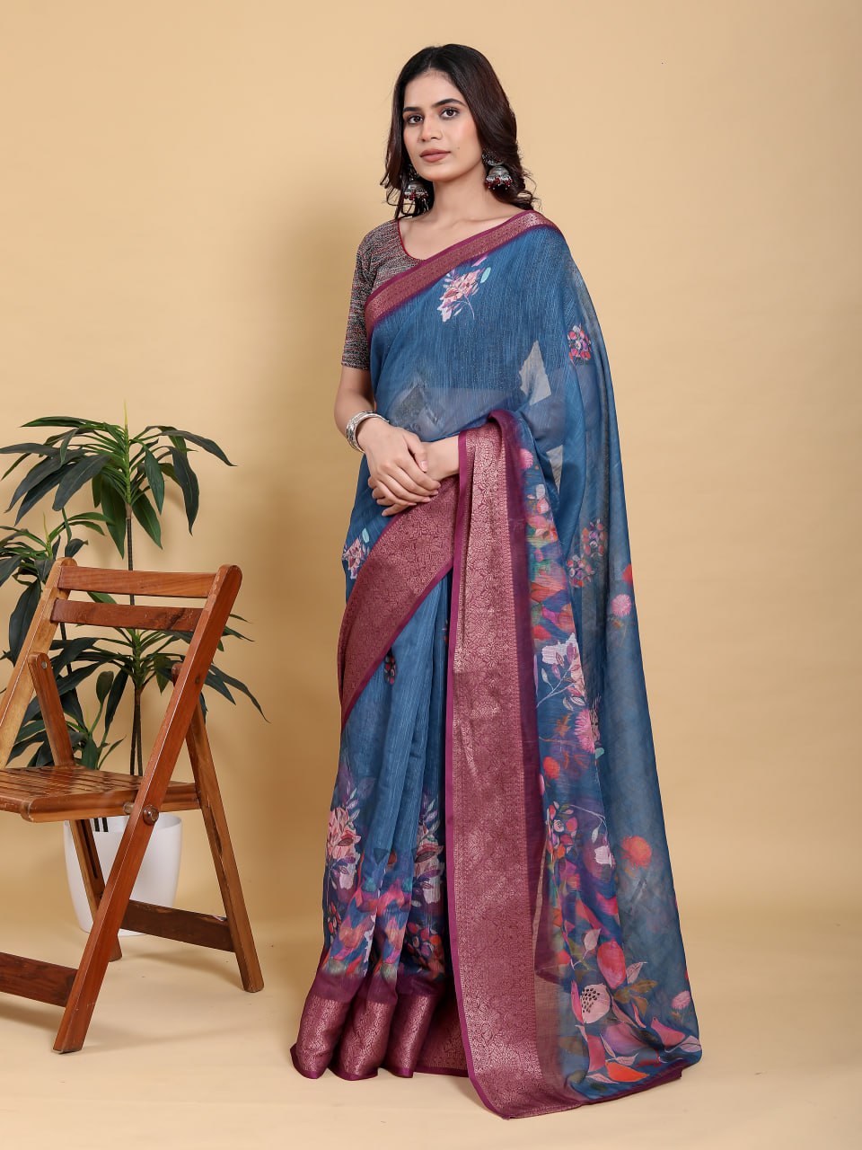 Teal Blue Floral Digital Print Saree with Rich Maroon Zari Border | Premium Linen Cotton Saree