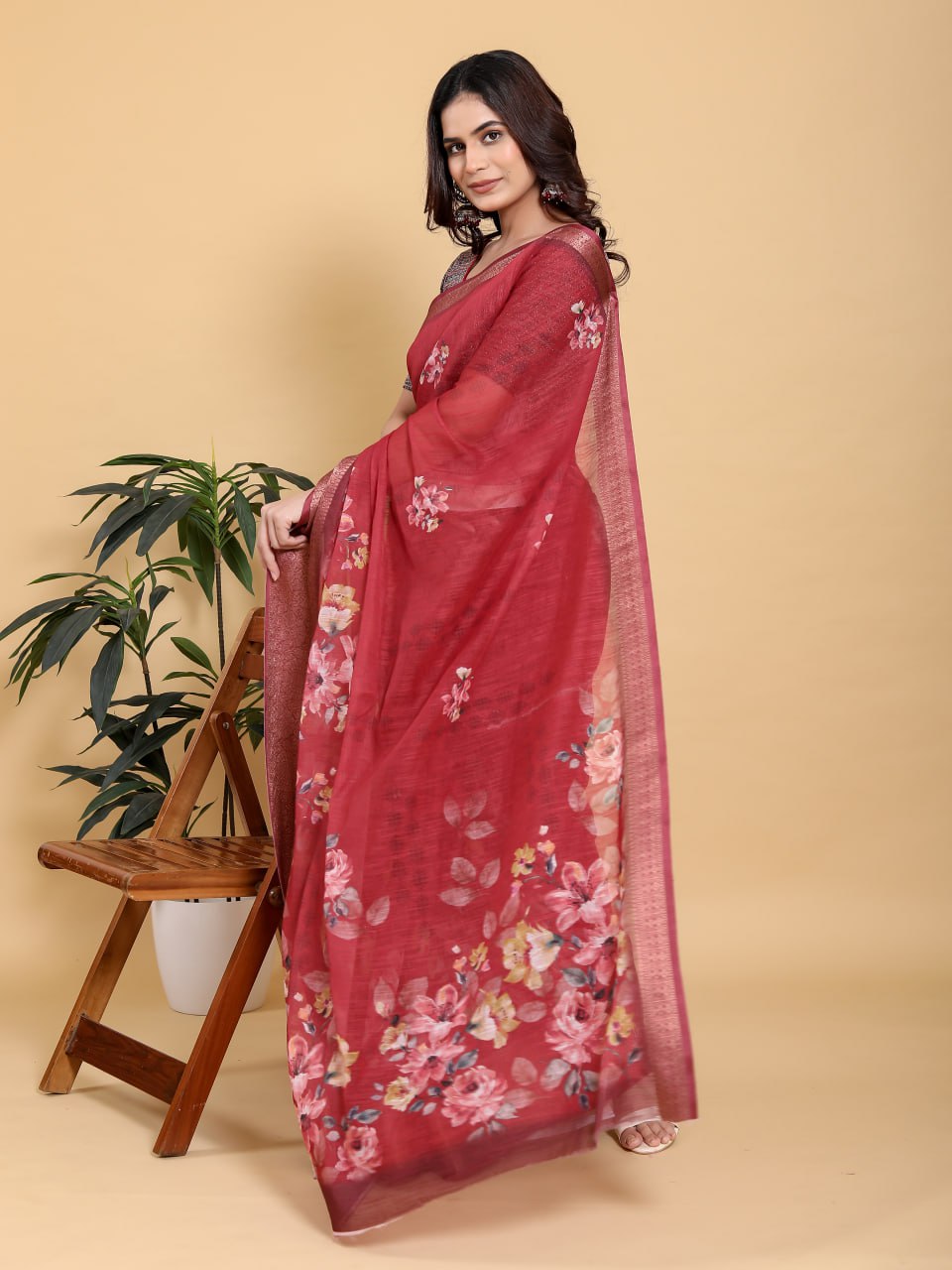 Rich Maroon Floral Digital Print Saree with Metallic Zari Border | Premium Linen Cotton Saree