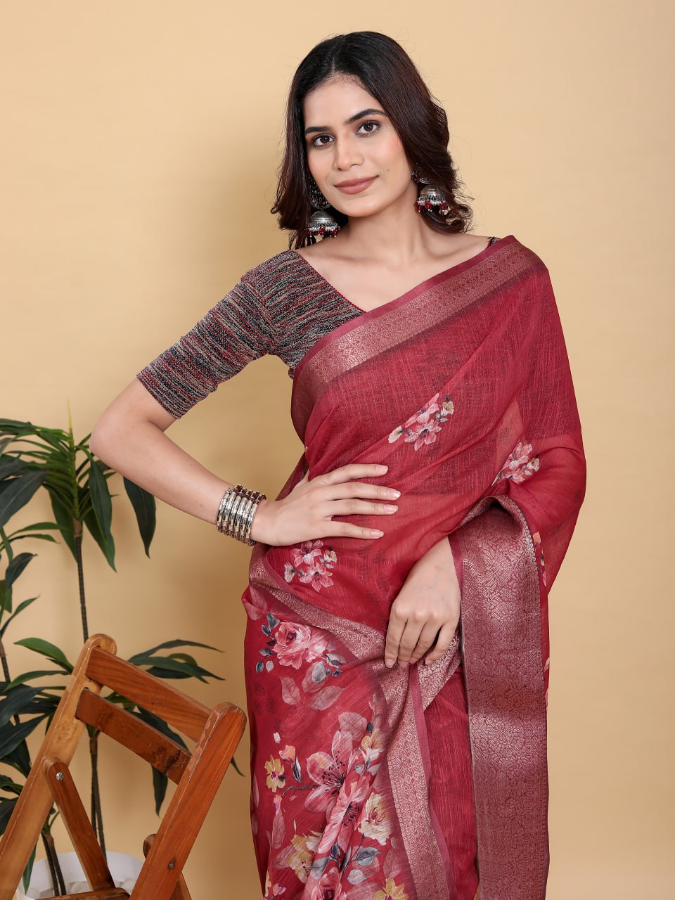 Rich Maroon Floral Digital Print Saree with Metallic Zari Border | Premium Linen Cotton Saree