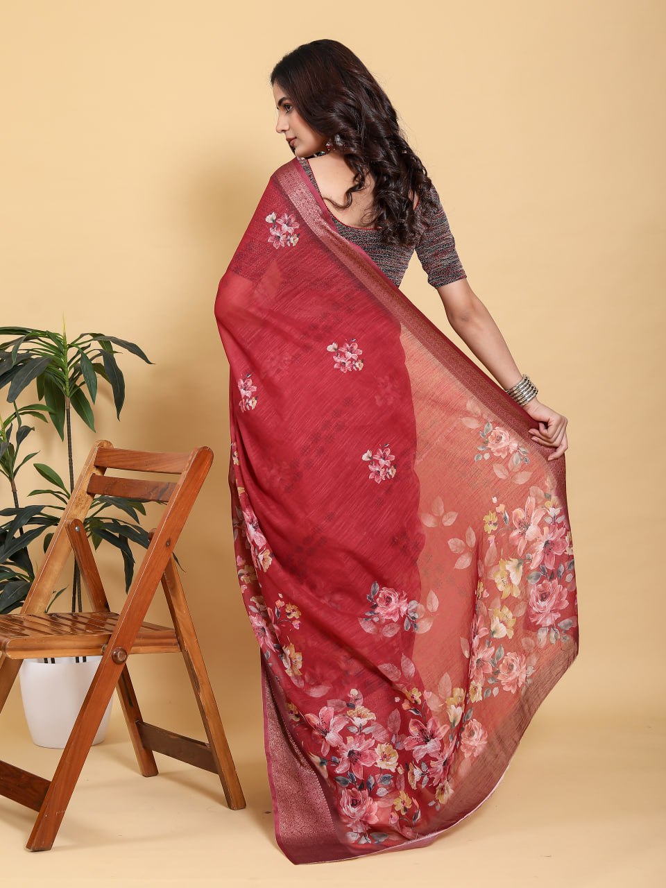 Rich Maroon Floral Digital Print Saree with Metallic Zari Border | Premium Linen Cotton Saree