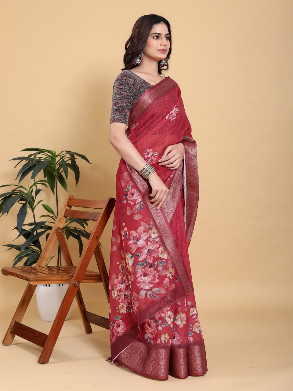 Rich Maroon Floral Digital Print Saree with Metallic Zari Border | Premium Linen Cotton Saree