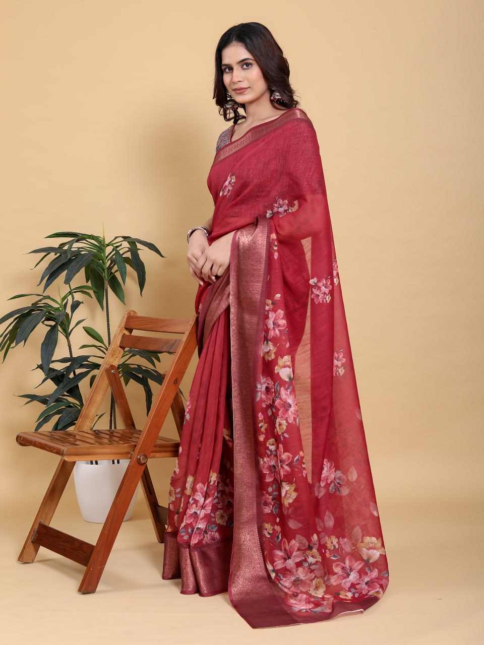 Rich Maroon Floral Digital Print Saree with Metallic Zari Border | Premium Linen Cotton Saree