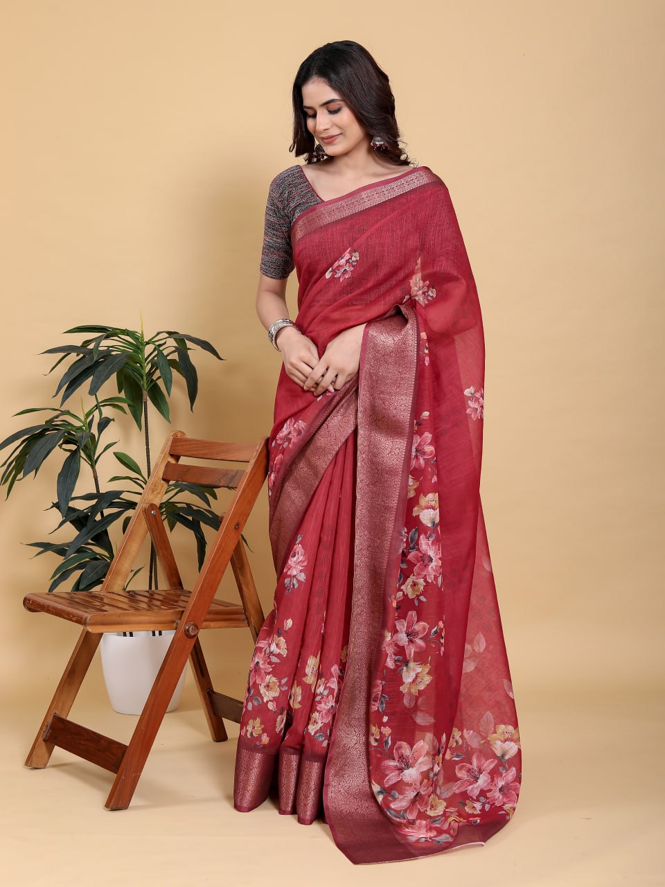 Rich Maroon Floral Digital Print Saree with Metallic Zari Border | Premium Linen Cotton Saree