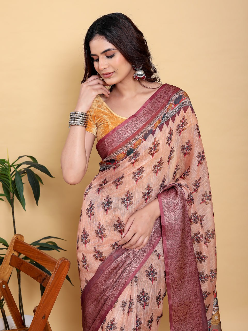 Elegant Peach Coral Floral Digital Print Saree with Maroon Zari Border | Premium Linen Cotton Saree