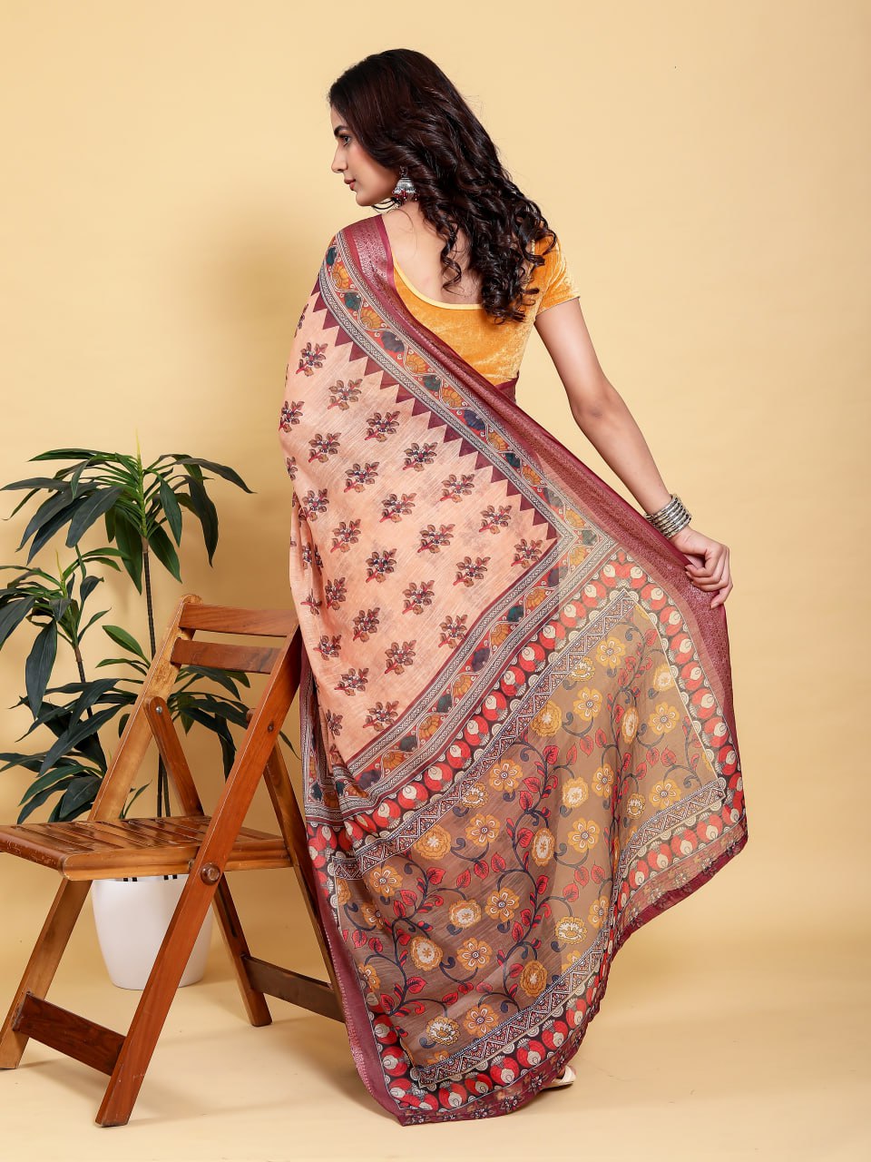 Elegant Peach Coral Floral Digital Print Saree with Maroon Zari Border | Premium Linen Cotton Saree