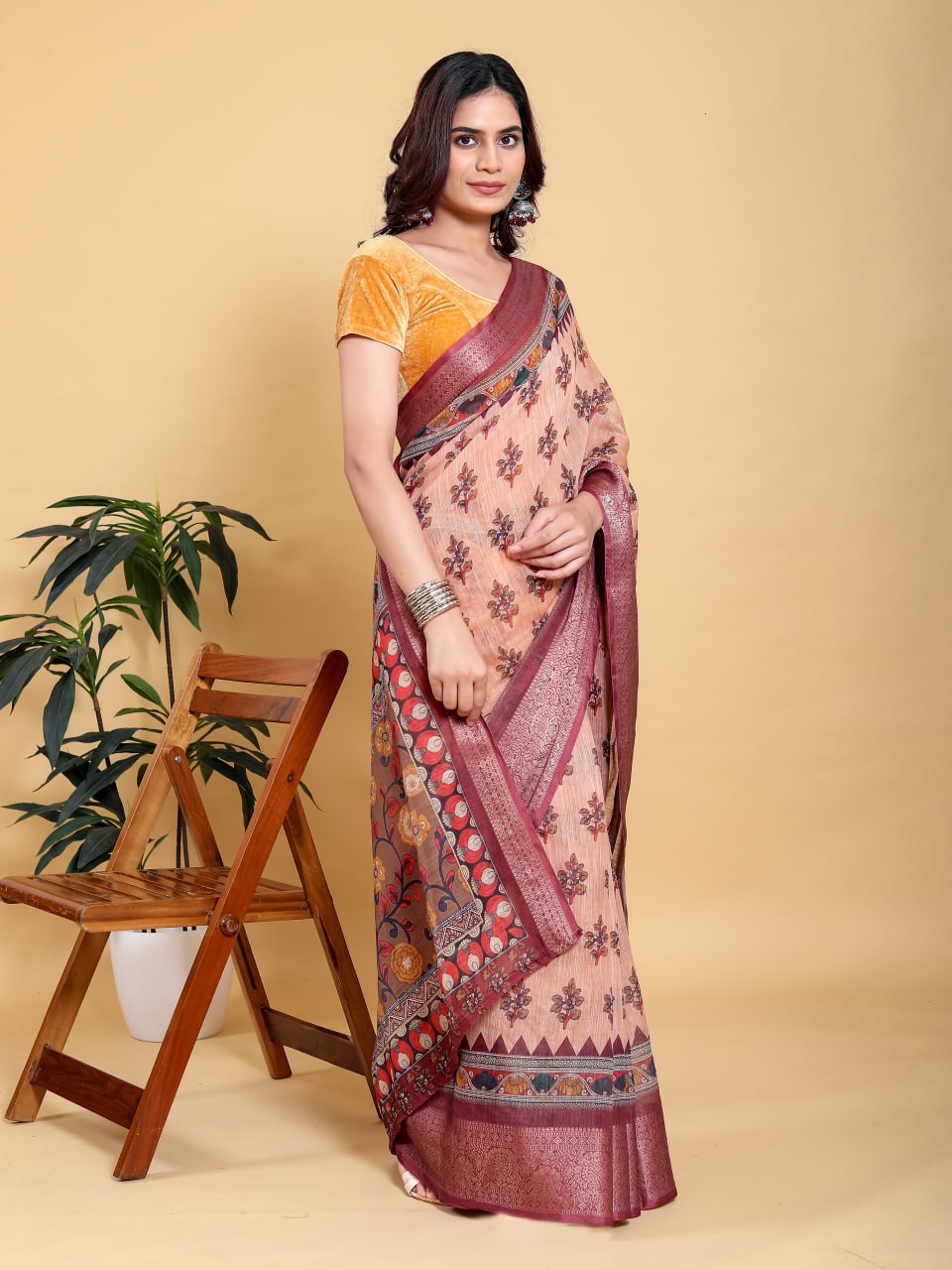 Elegant Peach Coral Floral Digital Print Saree with Maroon Zari Border | Premium Linen Cotton Saree
