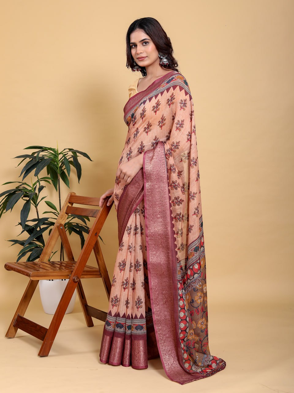 Elegant Peach Coral Floral Digital Print Saree with Maroon Zari Border | Premium Linen Cotton Saree