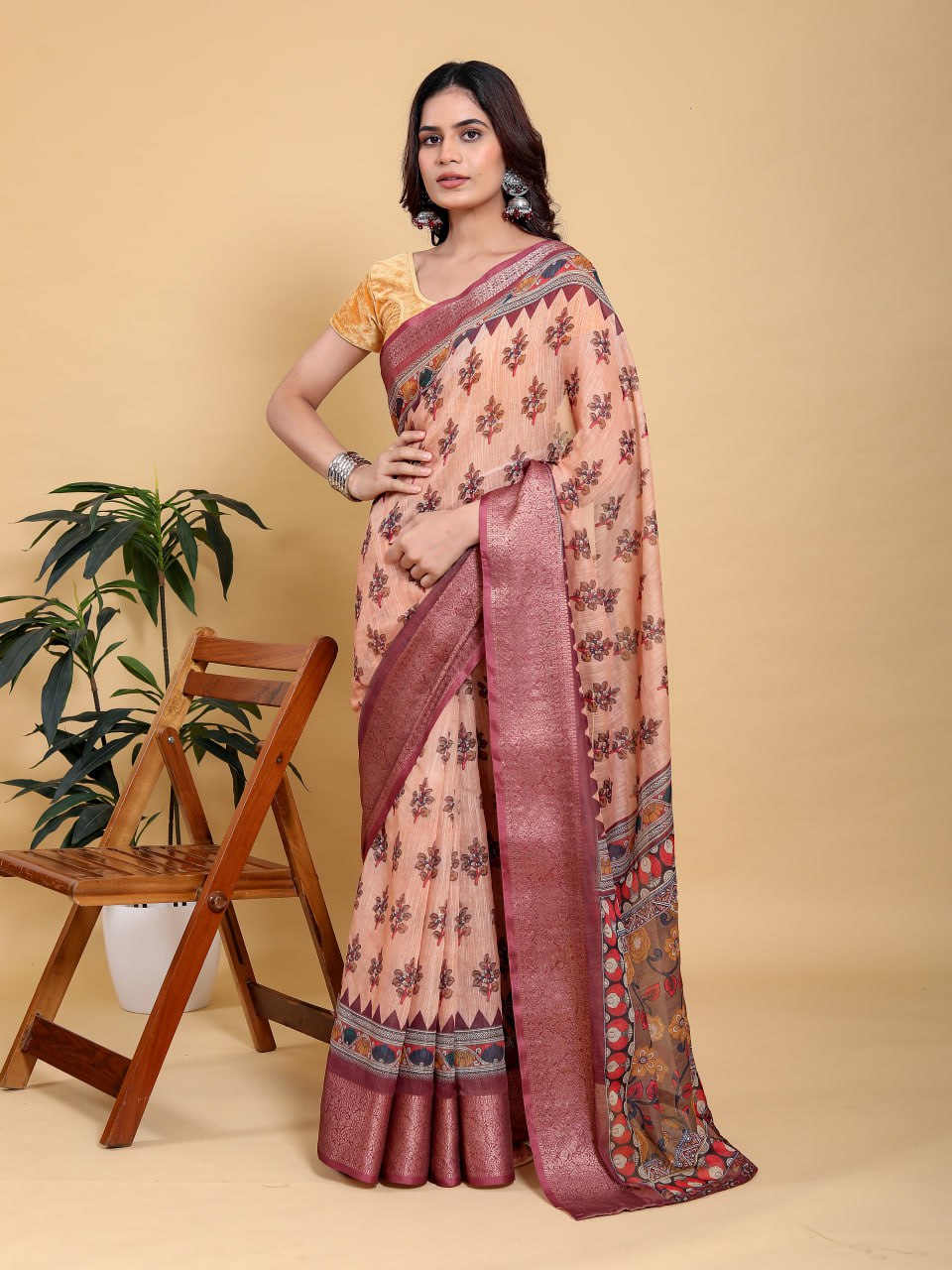 Elegant Peach Coral Floral Digital Print Saree with Maroon Zari Border | Premium Linen Cotton Saree