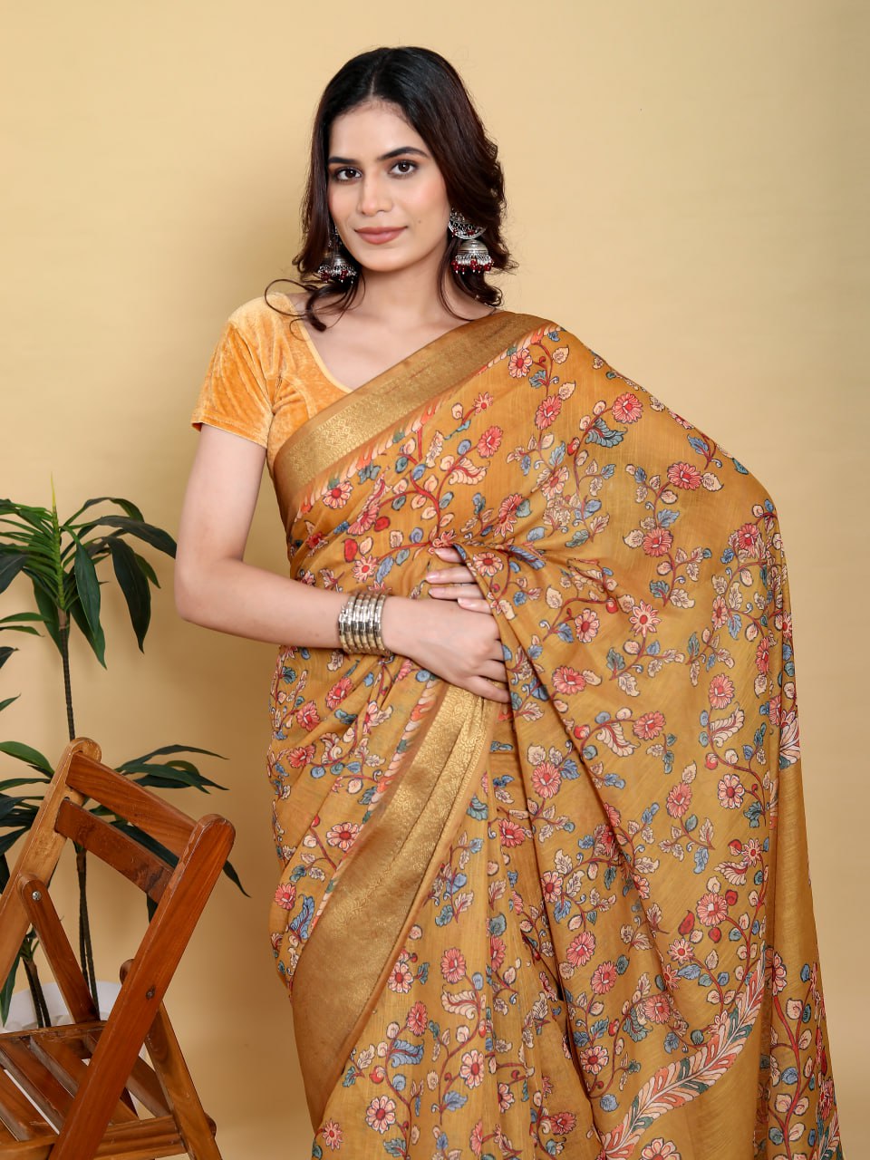 Elegant Mustard Yellow Floral Digital Print Saree with Broad Gold Zari Border | Premium Linen Cotton Saree