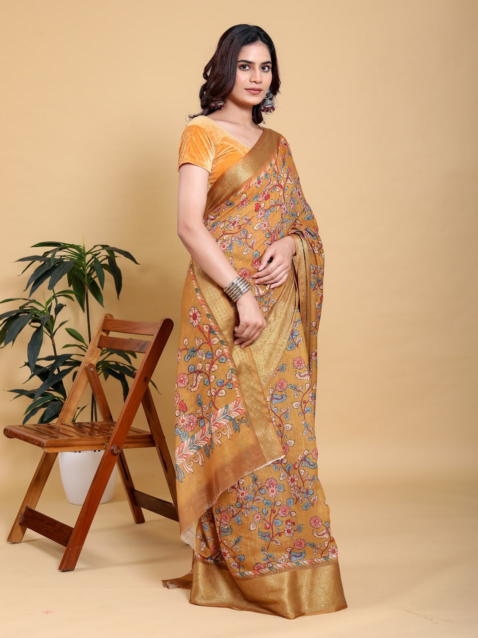 Elegant Mustard Yellow Floral Digital Print Saree with Broad Gold Zari Border | Premium Linen Cotton Saree
