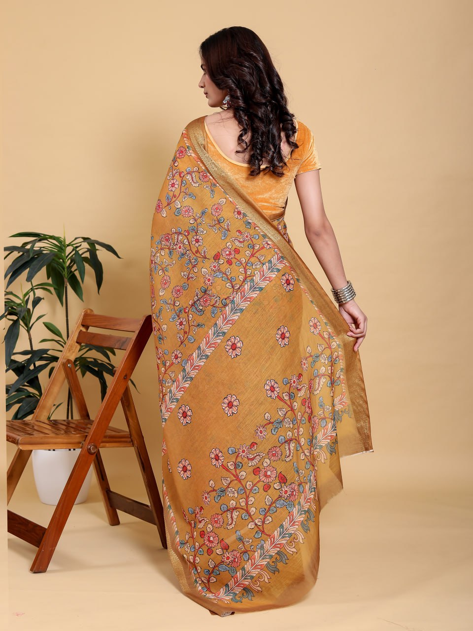 Elegant Mustard Yellow Floral Digital Print Saree with Broad Gold Zari Border | Premium Linen Cotton Saree