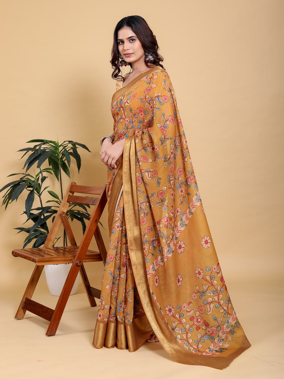 Elegant Mustard Yellow Floral Digital Print Saree with Broad Gold Zari Border | Premium Linen Cotton Saree