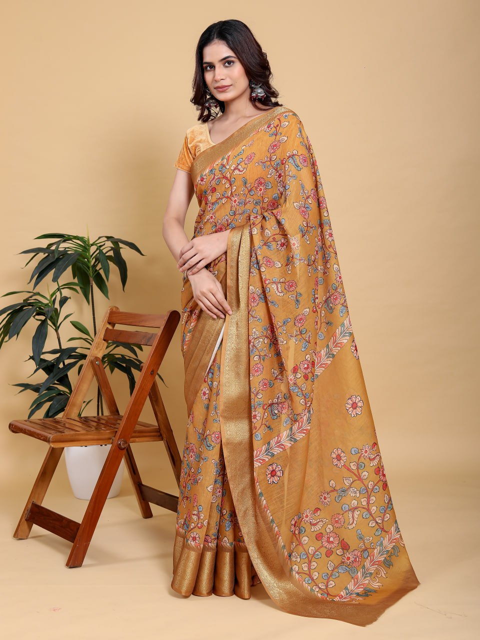 Elegant Mustard Yellow Floral Digital Print Saree with Broad Gold Zari Border | Premium Linen Cotton Saree