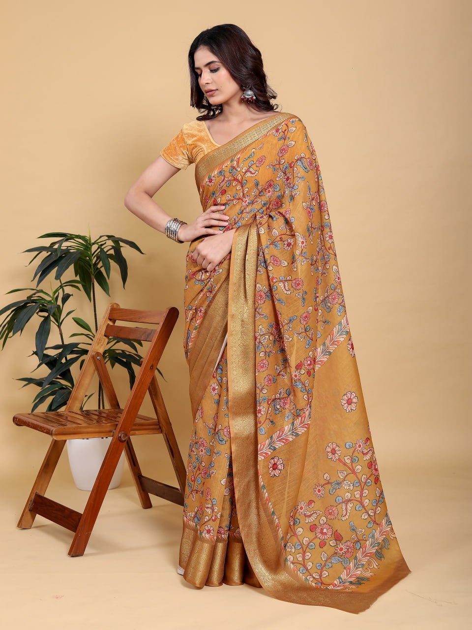 Elegant Mustard Yellow Floral Digital Print Saree with Broad Gold Zari Border | Premium Linen Cotton Saree