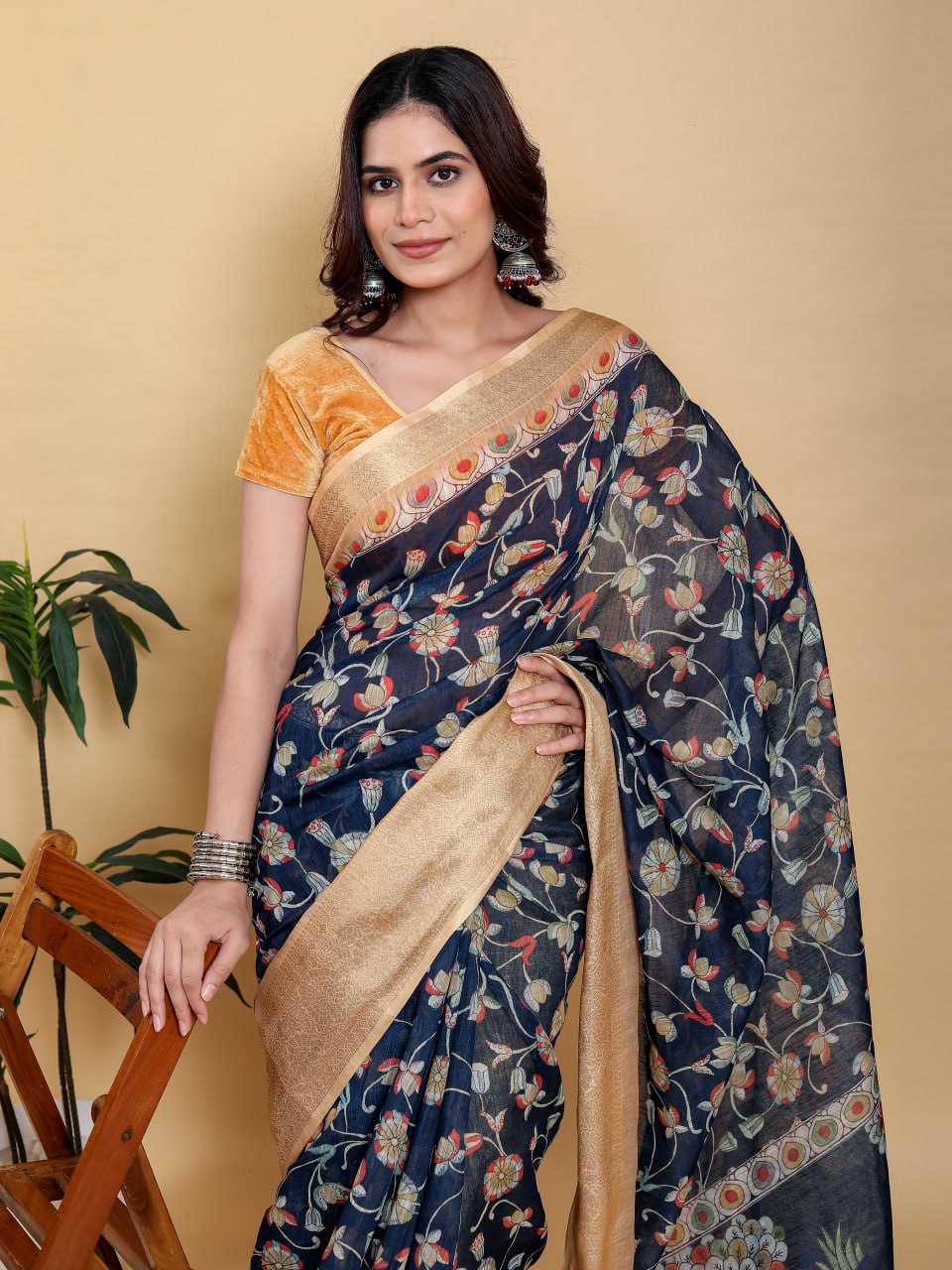 Elegant Navy Blue Floral Saree with Majestic Deer Motif & Rich Gold Zari Border | Premium Jacquard Patta Linen Cotton Saree