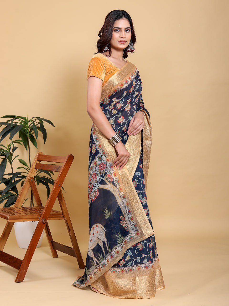 Elegant Navy Blue Floral Saree with Majestic Deer Motif & Rich Gold Zari Border | Premium Jacquard Patta Linen Cotton Saree