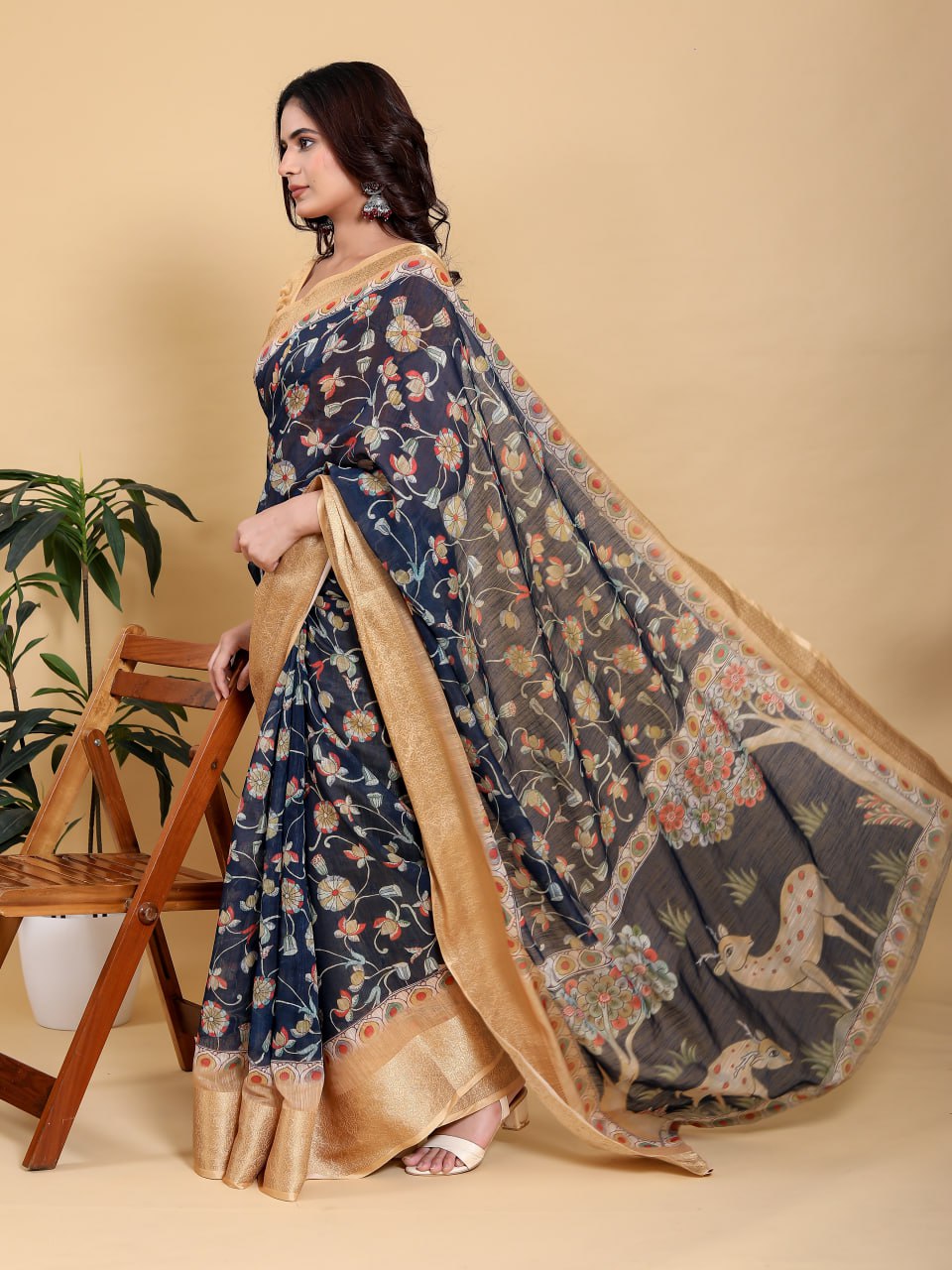 Elegant Navy Blue Floral Saree with Majestic Deer Motif & Rich Gold Zari Border | Premium Jacquard Patta Linen Cotton Saree