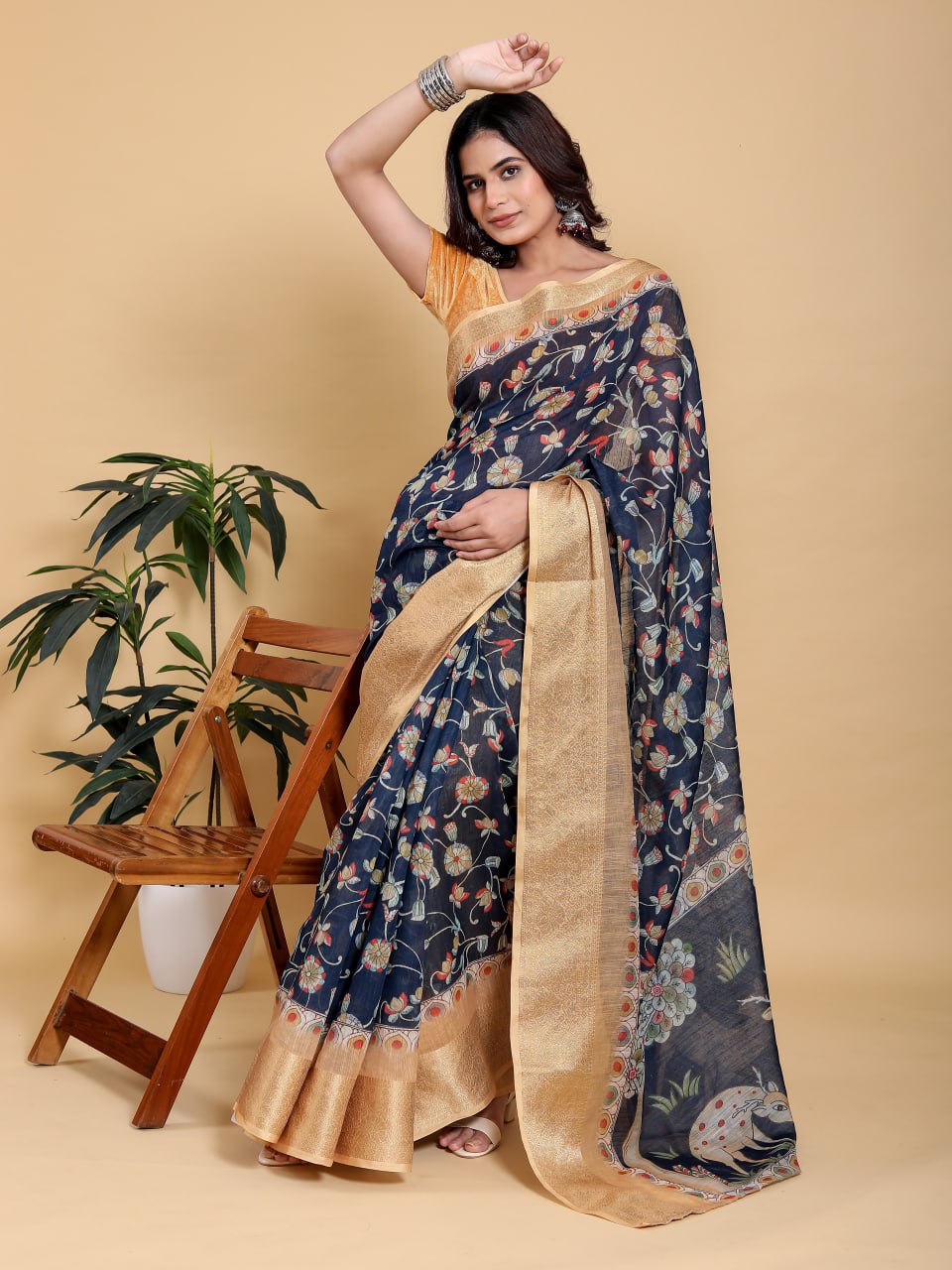 Elegant Navy Blue Floral Saree with Majestic Deer Motif & Rich Gold Zari Border | Premium Jacquard Patta Linen Cotton Saree