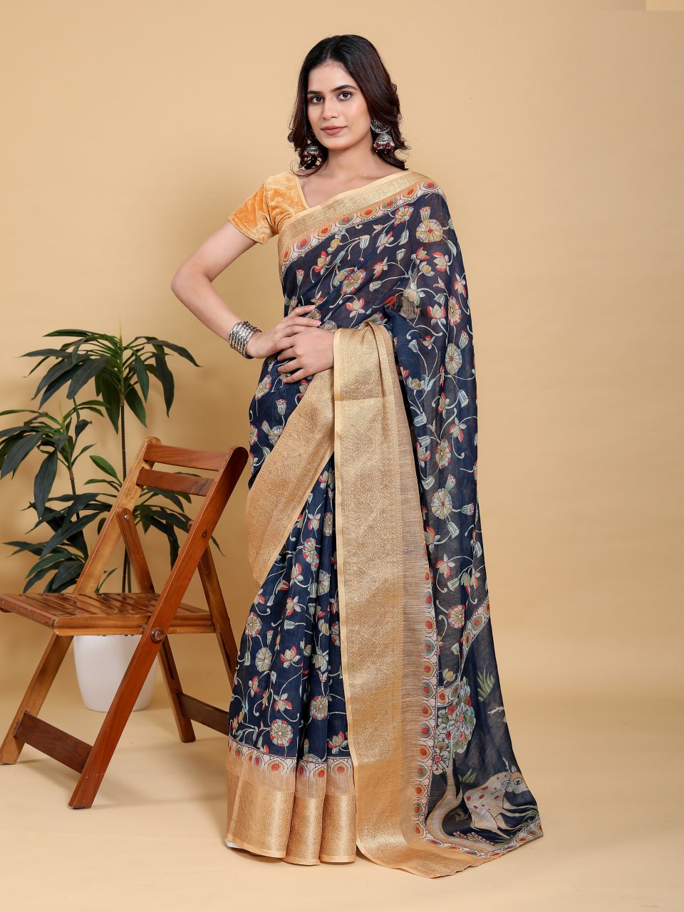 Elegant Navy Blue Floral Saree with Majestic Deer Motif & Rich Gold Zari Border | Premium Jacquard Patta Linen Cotton Saree