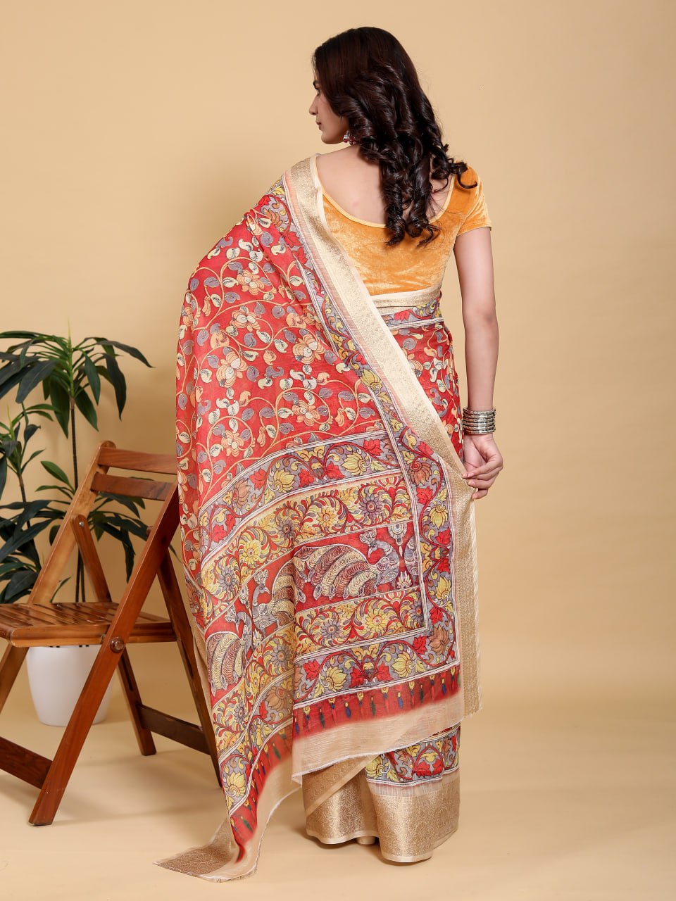Vibrant Red Kalamkari Saree with Luxurious Gold Zari Border | Premium Jacquard Patta Linen Cotton Saree