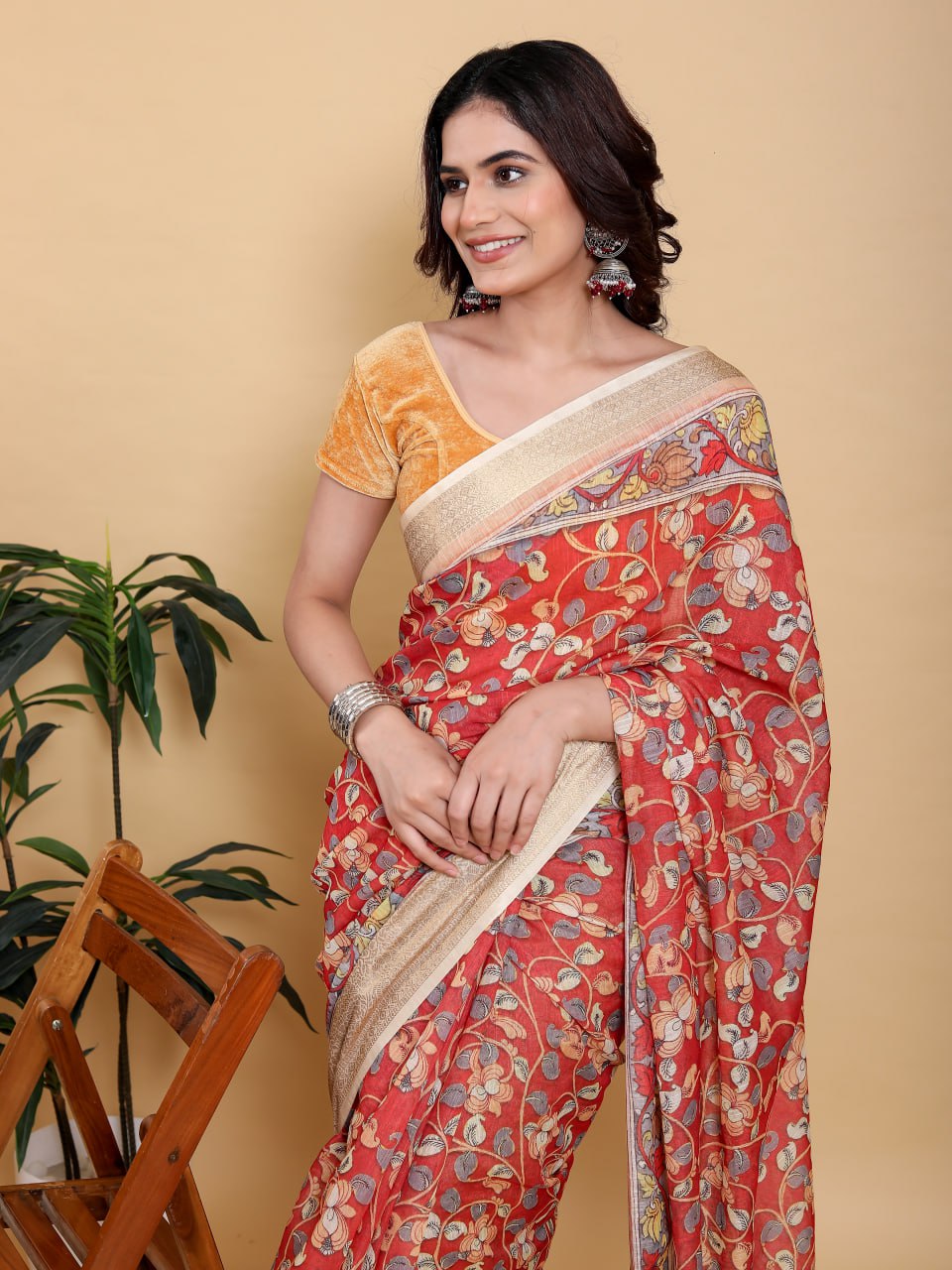 Vibrant Red Kalamkari Saree with Luxurious Gold Zari Border | Premium Jacquard Patta Linen Cotton Saree
