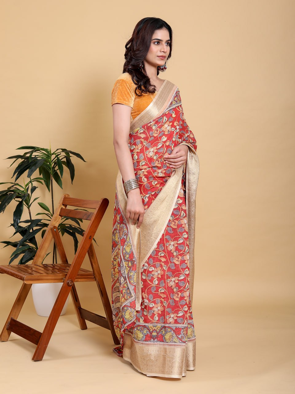Vibrant Red Kalamkari Saree with Luxurious Gold Zari Border | Premium Jacquard Patta Linen Cotton Saree